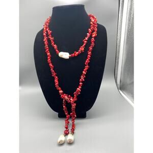 Lucas Lameth LUC necklace lariat red coral baroque freshwater pearl 60” wrap 925